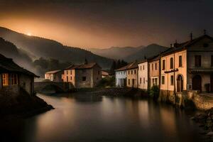 foto sfondo il cielo, acqua, montagne, fiume, case, il sole, il montagne,. ai-generato