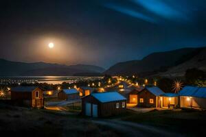 il Luna sorge al di sopra di un' piccolo villaggio a notte. ai-generato foto