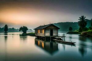 un' piccolo Casa si siede su il bordo di un' lago. ai-generato foto