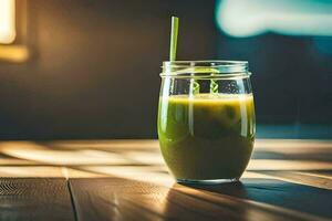 un' bicchiere di verde succo su un' di legno tavolo. ai-generato foto