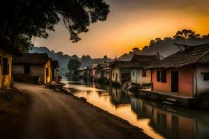 un' fiume corre attraverso un' villaggio a tramonto. ai-generato foto
