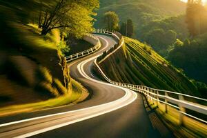 un' avvolgimento strada con un' auto guida su esso. ai-generato foto