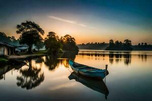 un' barca si siede su il acqua a tramonto. ai-generato foto