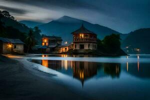 un' Casa su il riva di un' lago a notte. ai-generato foto