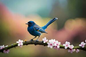 un' blu uccello è arroccato su un' ramo con rosa fiori. ai-generato foto