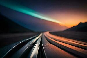 un' treno traccia con un' luminosa leggero nel il cielo. ai-generato foto