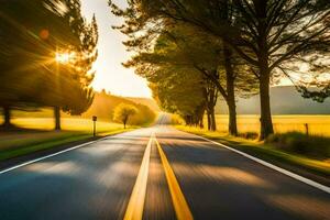 un' strada con alberi e sole nel il sfondo. ai-generato foto