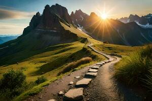 un' sentiero principale per il montagne a tramonto. ai-generato foto