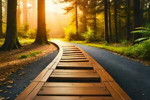 un' di legno sentiero nel il foresta con il sole splendente. ai-generato foto