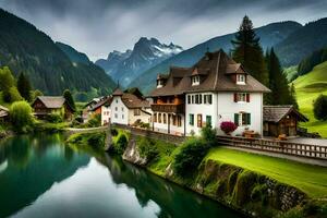 un' bellissimo montagna villaggio con case e un' fiume. ai-generato foto