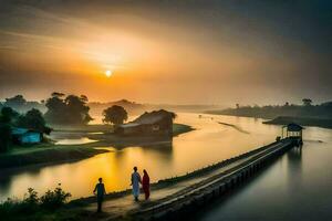 Due persone camminare lungo un' ponte a tramonto. ai-generato foto