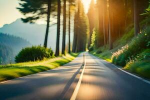 un' strada nel il montagne con alberi e sole. ai-generato foto