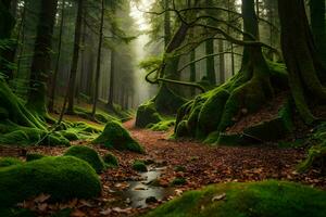 un' sentiero attraverso un' foresta con muschioso alberi. ai-generato foto