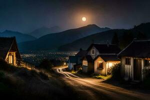 un' villaggio a notte con un' pieno Luna. ai-generato foto