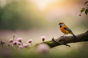 foto sfondo il uccello, fiori, molla, il sole, il uccello, fiori, primavera,. ai-generato