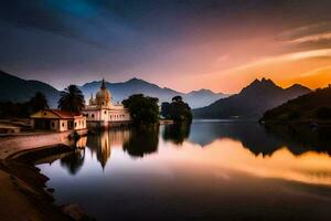 un' tempio si siede su il riva di un' lago a tramonto. ai-generato foto