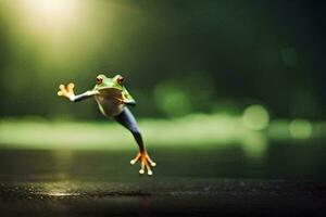 un' rana salto nel il aria con suo gambe differenza. ai-generato foto
