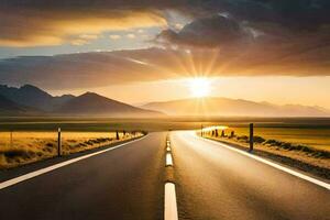 il sole è ambientazione al di sopra di un' strada nel il mezzo di un' campo. ai-generato foto