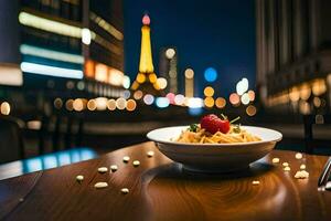 un' ciotola di pasta e un' fragola su un' tavolo nel davanti di il eiffel Torre. ai-generato foto