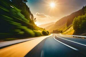 un' auto guida giù un' strada con il sole splendente. ai-generato foto