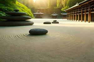 un' giapponese giardino con pietre e un' stagno. ai-generato foto