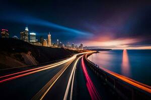 un' lungo esposizione fotografia di un' città orizzonte e il oceano a notte. ai-generato foto