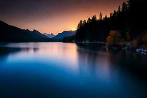 un' lago nel il montagne a tramonto. ai-generato foto