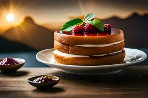 un' torta con lampone marmellata su superiore. ai-generato foto