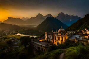 un' Chiesa nel il montagne a tramonto. ai-generato foto