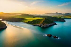 il sole imposta al di sopra di il oceano e colline. ai-generato foto