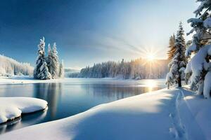 neve coperto alberi e il sole splendente al di sopra di un' lago. ai-generato foto