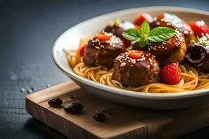 un' ciotola di spaghetti con Polpette e frutti di bosco. ai-generato foto