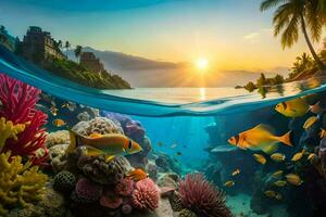 il sole imposta al di sopra di un' corallo scogliera e pesce. ai-generato foto