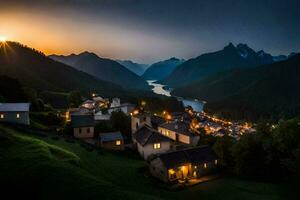 foto sfondo il cielo, montagne, villaggio, tramonto, il villaggio, il villaggio, il villaggio. ai-generato