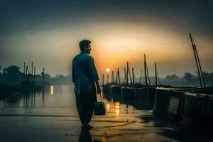 un' uomo a piedi lungo il acqua a tramonto. ai-generato foto