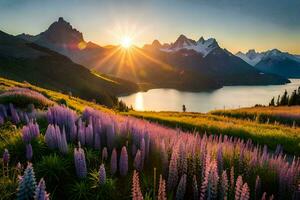 il sole sorge al di sopra di il montagne e lago. ai-generato foto