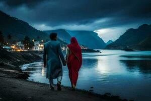 un' coppia nel tradizionale abbigliamento camminare lungo il riva di un' lago. ai-generato foto