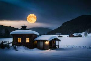 un' cabina nel il neve con un' pieno Luna. ai-generato foto