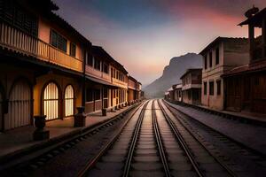 un' treno traccia nel il mezzo di un' cittadina. ai-generato foto