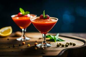 Due bicchieri di rosso bevanda con frutti di bosco e menta. ai-generato foto