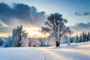 un' nevoso paesaggio con alberi e neve. ai-generato foto