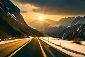 un' strada nel il montagne con il sole ambientazione. ai-generato foto