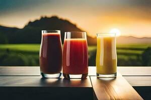 tre bicchieri di succo su un' tavolo con il sole ambientazione dietro a loro. ai-generato foto