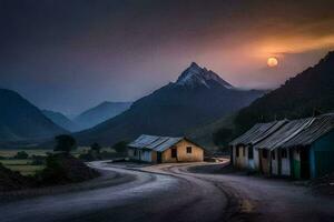 un' strada principale per un' villaggio nel il montagne. ai-generato foto