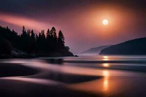 il Luna è ambientazione al di sopra di un' fiume e alberi. ai-generato foto