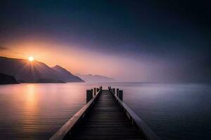 un' molo nel il mezzo di un' lago a tramonto. ai-generato foto