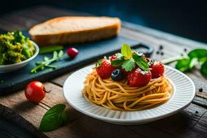 spaghetti con fresco pomodori e basilico su un' piatto. ai-generato foto