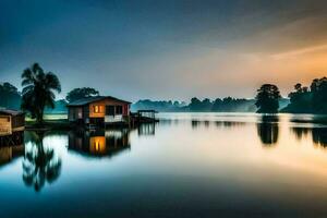 un' Casa su il acqua a Alba. ai-generato foto