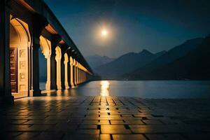 il Luna è splendente al di sopra di un' ponte a notte. ai-generato foto