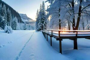 un' di legno ponte nel il neve con alberi. ai-generato foto